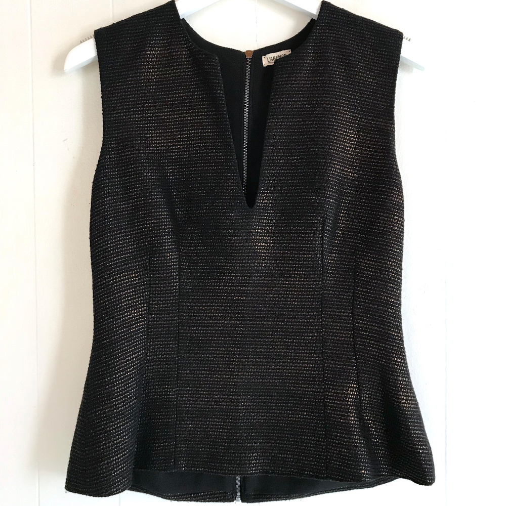 L'AGENCE Black & Gold V-neck Back Zip Peplum Top